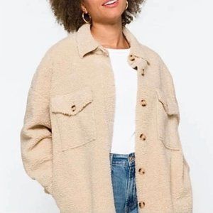 Sherpa Teddy Shacket Faux Suede Lined Jacket in Beige size Medium